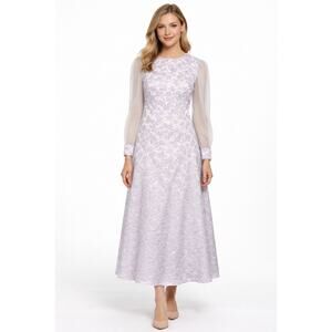 Vintage 60s Womens Medium Lavender Satin A-Line Maxi Dress Sheer Sleeve Floral